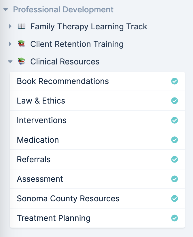 A screenshot of the therapist's professional development page.