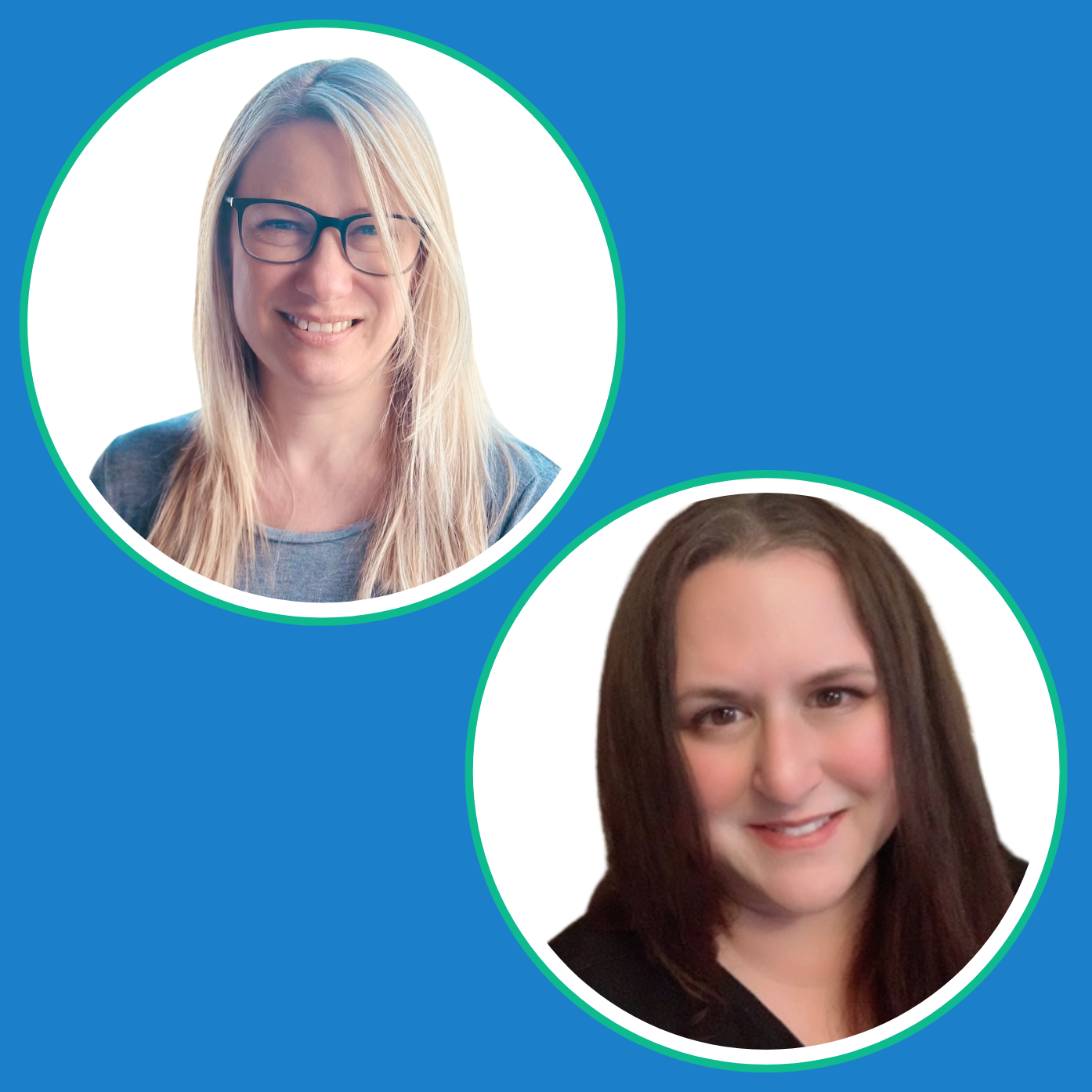 Two women smiling inside separate circular frames on a blue background. Two women smiling inside separate circular frames on a blue background.