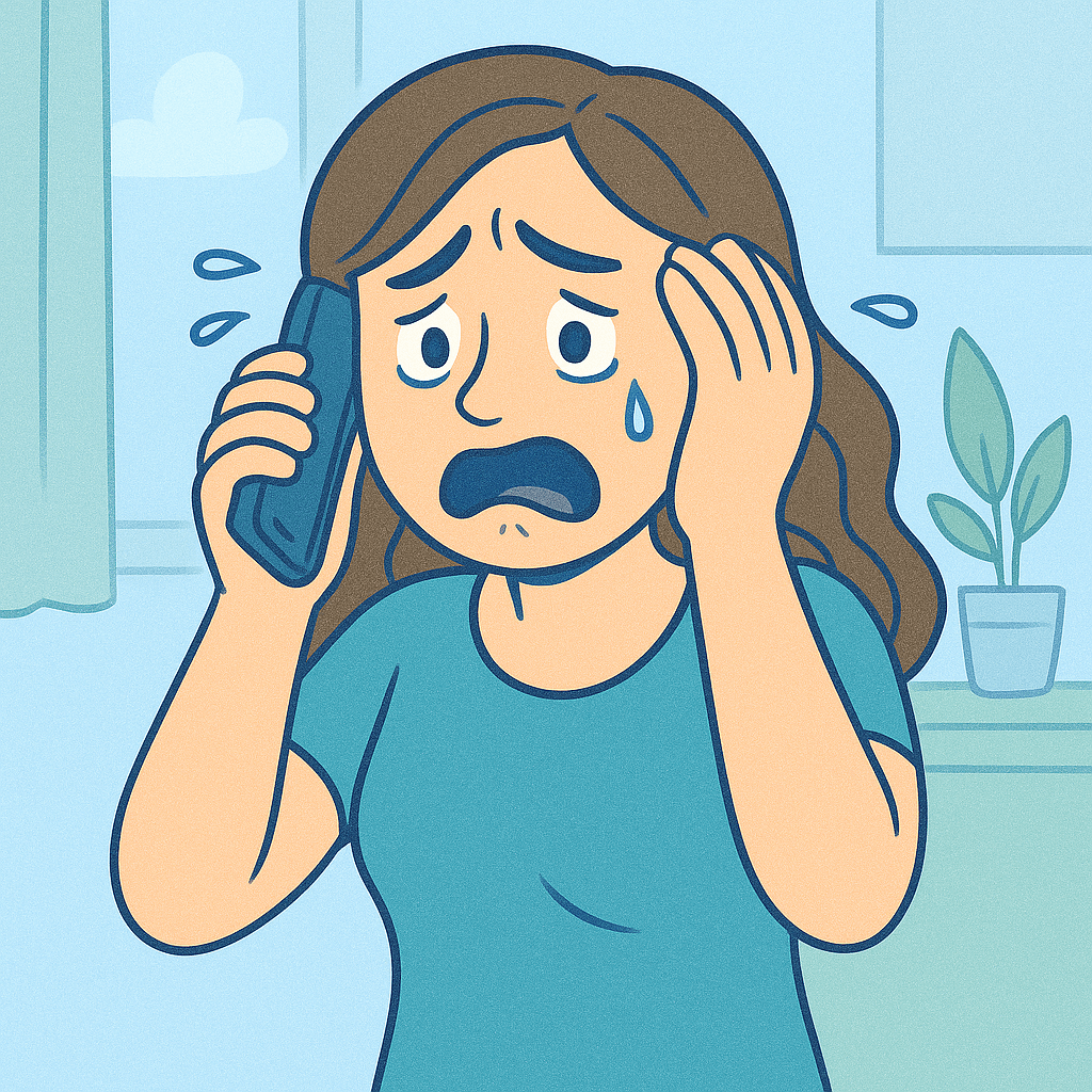 Illustration of a woman crying and sweating while talking on the phone, looking distressed, with a worried expression and a plant in the background.