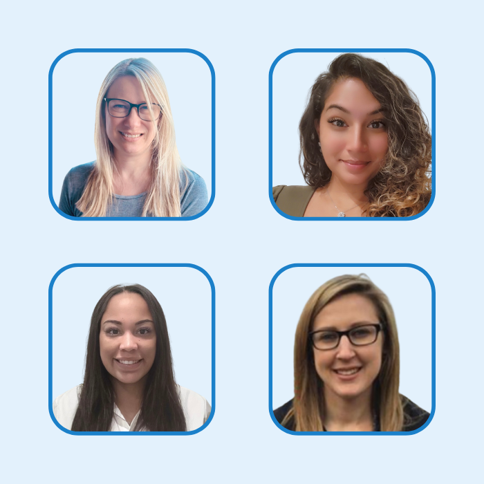 A grid of four headshot photos of women, each in a rounded blue-bordered square, on a light blue background. A grid of four headshot photos of women, each in a rounded blue-bordered square, on a light blue background.