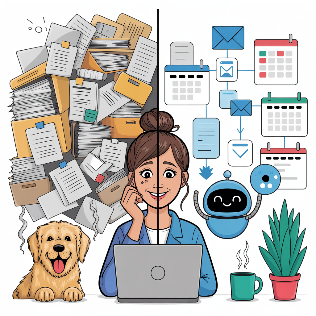 A woman at a laptop is divided by a line; one side shows cluttered paper stacks and a dog, the other shows organized digital tools, a robot assistant, a plant, and a coffee cup. A woman at a laptop is divided by a line; one side shows cluttered paper stacks and a dog, the other shows organized digital tools, a robot assistant, a plant, and a coffee cup.