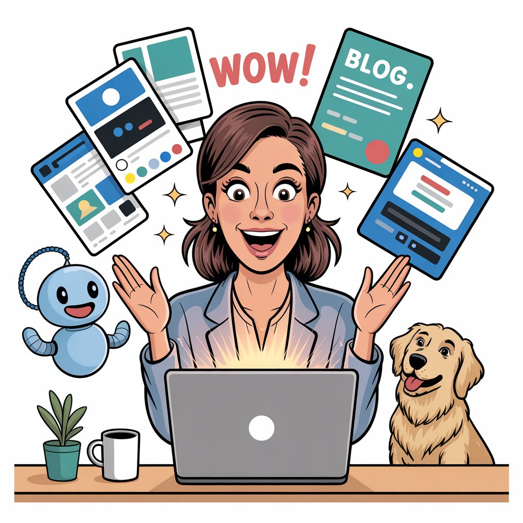 A woman sits at a desk with a laptop, smiling excitedly. Website pages, a robot toy, and the word "WOW!" float above. A dog, plant, and coffee mug are on the desk. A woman sits at a desk with a laptop, smiling excitedly. Website pages, a robot toy, and the word "WOW!" float above. A dog, plant, and coffee mug are on the desk.