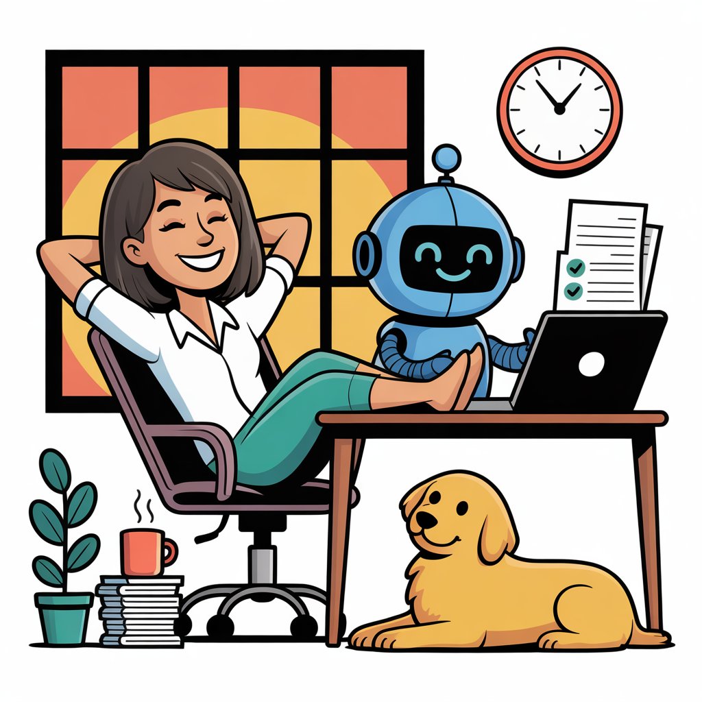 A woman relaxes at a desk while a friendly robot works on a laptop; a dog lies nearby, with a clock, window, plant, and coffee cups in the background. A woman relaxes at a desk while a friendly robot works on a laptop; a dog lies nearby, with a clock, window, plant, and coffee cups in the background.