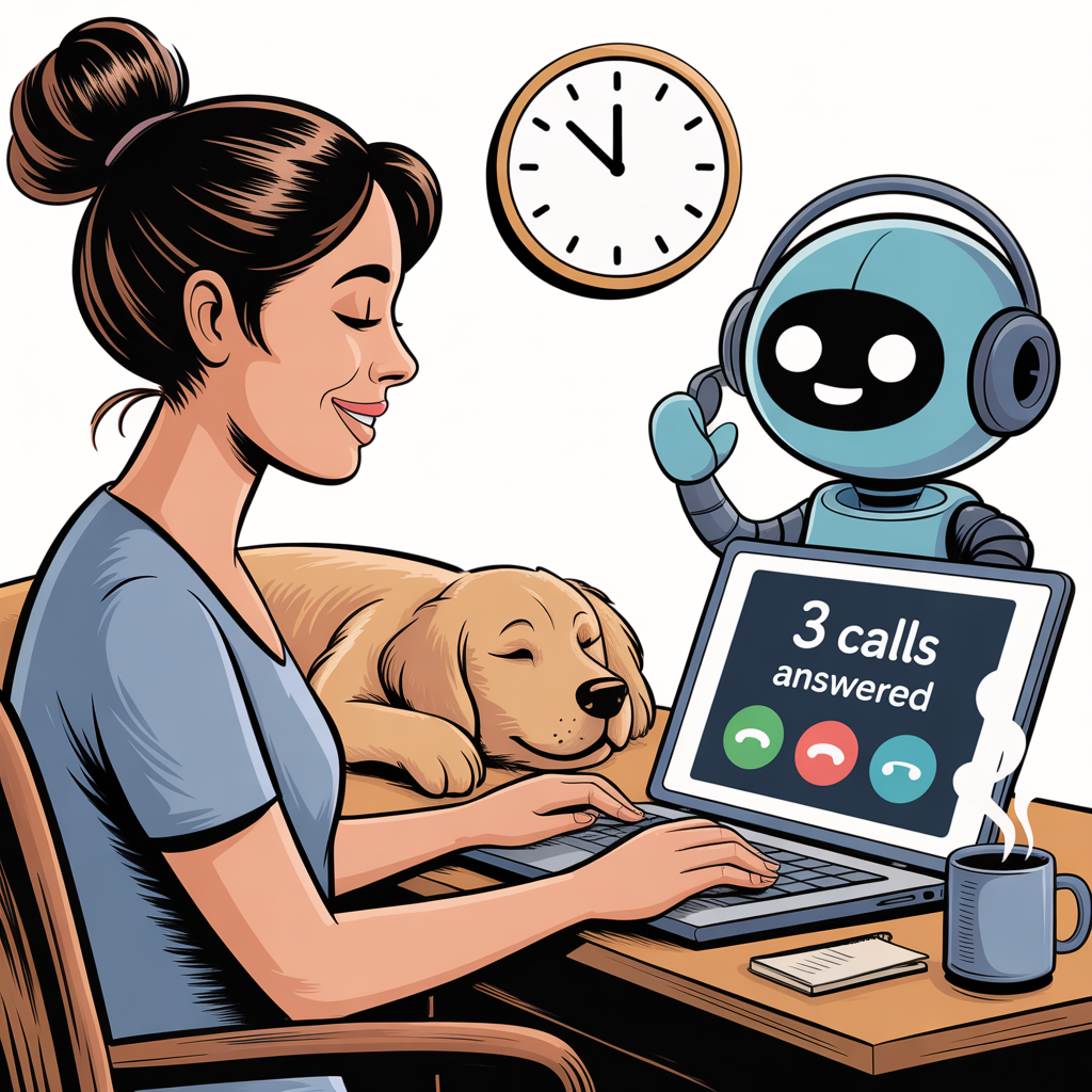 A woman types on a laptop displaying "3 calls answered" as a robot waves nearby, a dog sleeps on the desk, and a clock shows 9:00. A coffee cup sits beside the laptop. A woman types on a laptop displaying "3 calls answered" as a robot waves nearby, a dog sleeps on the desk, and a clock shows 9:00. A coffee cup sits beside the laptop.