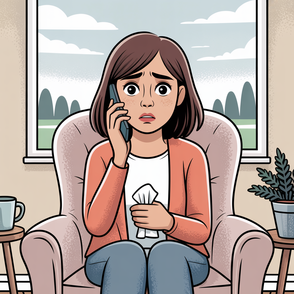 A worried woman sits in an armchair, holding a tissue and talking on the phone, with a window and a plant visible in the background.