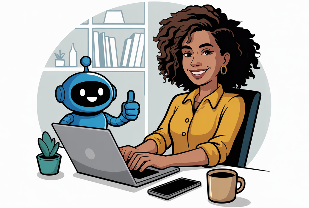 A woman types on a laptop at a desk with a coffee cup, phone, and plant, while a smiling robot beside her gives a thumbs up. Shelves with books are in the background.