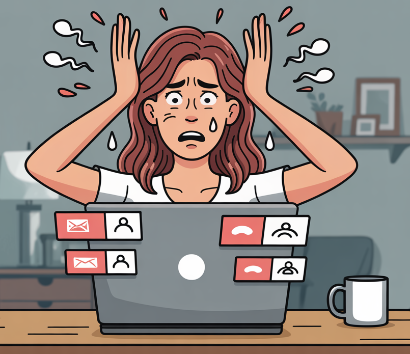 An illustrated woman sits at a laptop, looking stressed with raised hands and sweat drops. The laptop shows multiple notifications. A coffee mug is on the table.