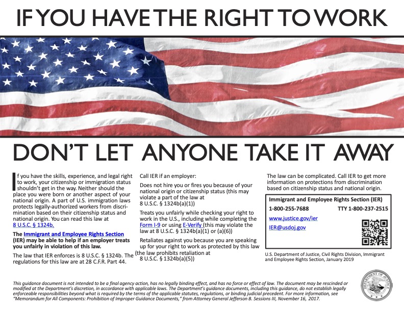 A poster informs workers of their right to work regardless of immigration status and provides resources for reporting employment discrimination. A poster informs workers of their right to work regardless of immigration status and provides resources for reporting employment discrimination.