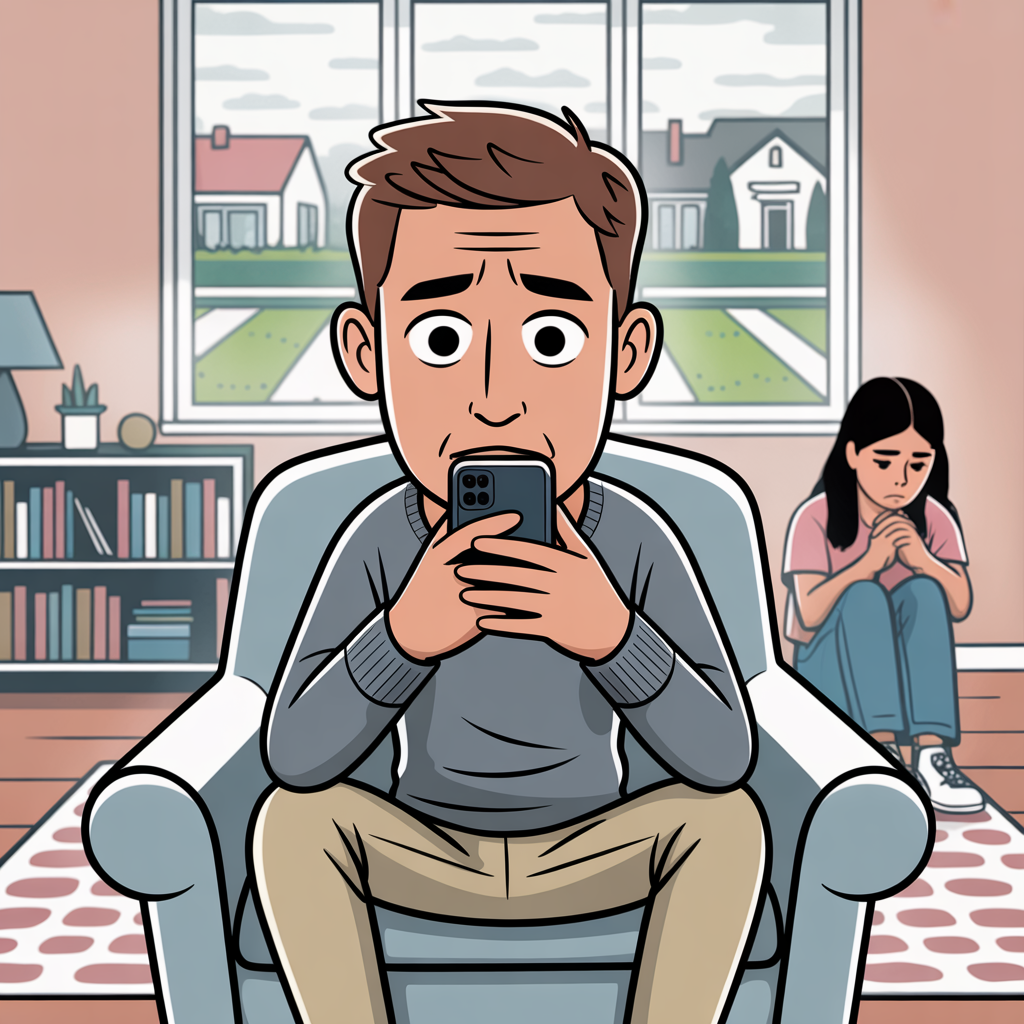 A man sits on a chair looking at his phone with concern while a woman sits in the background appearing upset in a living room.
