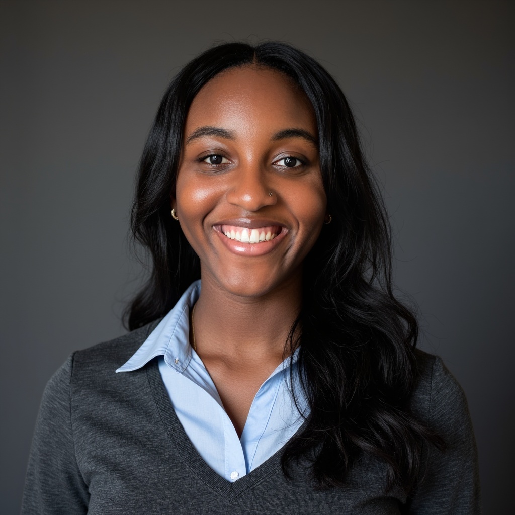 A woman with long dark hair, wearing a light blue collared shirt and dark gray sweater, smiles at the camera against a plain dark background.